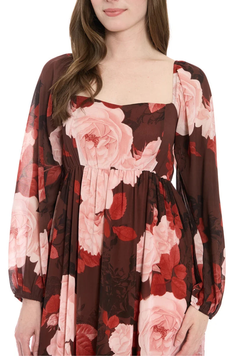 London Times Trudie Floral Print Square Neckline Long Voluminous Puffy Sleeves Elastic Gather Cuffs Smocked Shirred Bodice Flowing Babydoll Maxi Dress (Plus Size)