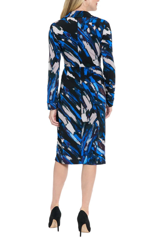 Cocktail Dresses Criss-Cross Collared Neckline Long Sleeved Midi Dress with Cinched Waist Black/Royal