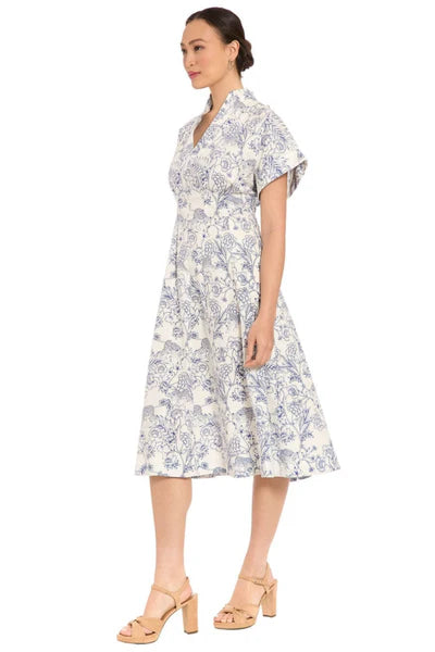 London Times Short Sleeve Pleated Fit-and-Flare Midi DressT10311M