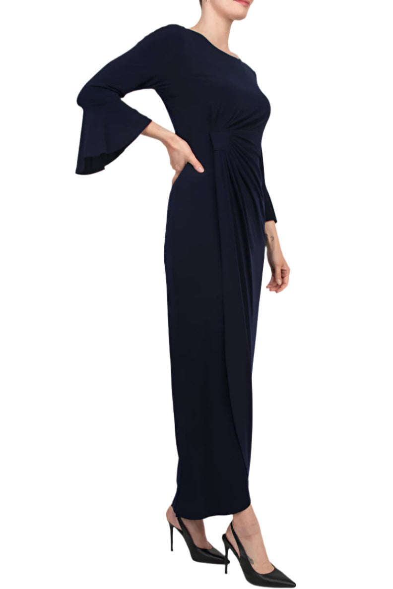 Connected Apparel Bell Sleeve Gathered Waist Gown - NAVY - Side