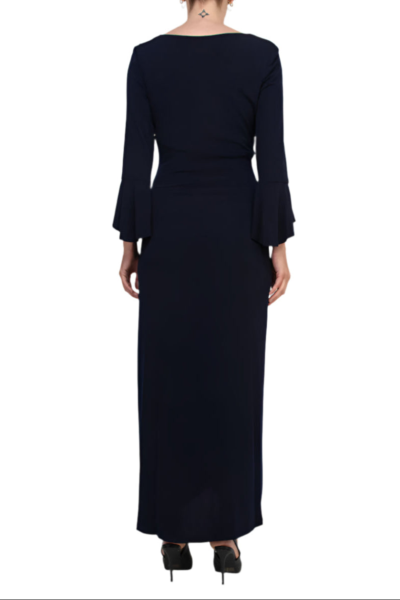 Connected Apparel Bell Sleeve Gathered Waist Gown - NAVY - Back