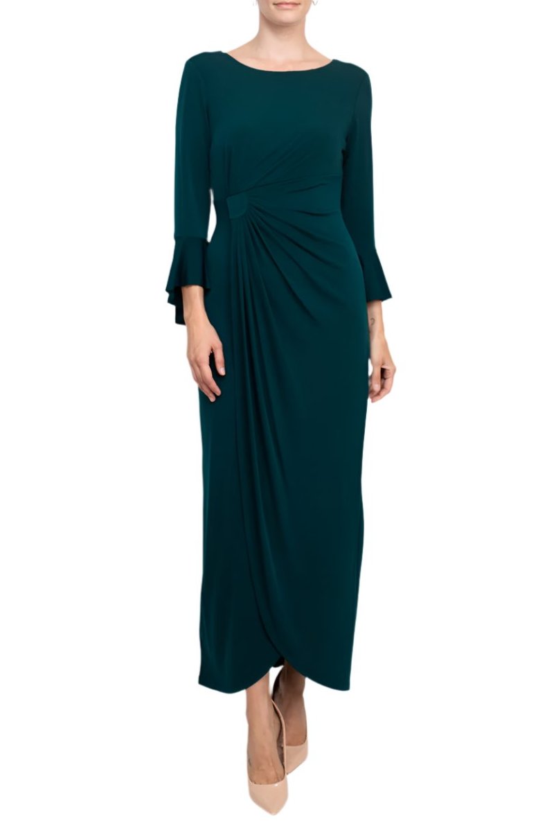 Connected Apparel Bell Sleeve Gathered Waist Gown - HUNTER - Front