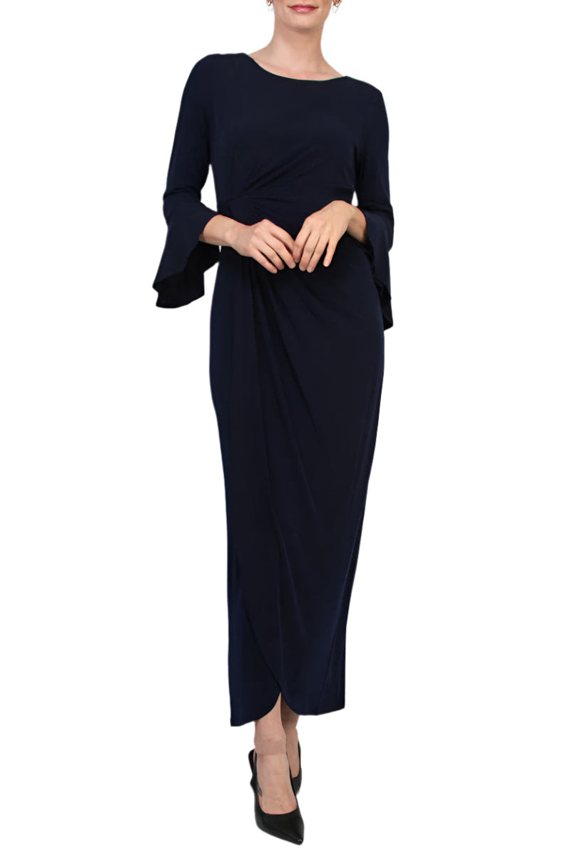 Connected Apparel Bell Sleeve Gathered Waist Gown - NAVY - Front