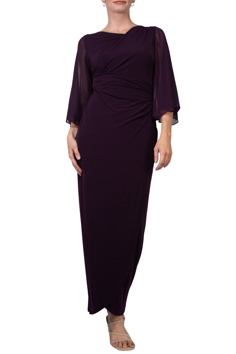 Connected Apparel Asymmetrical Floor Length Chiffon Dress - Aubergine - FRONT