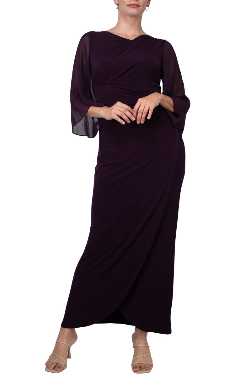 Connected Apparel Asymmetrical Floor Length Chiffon Dress - Aubergine - front full view