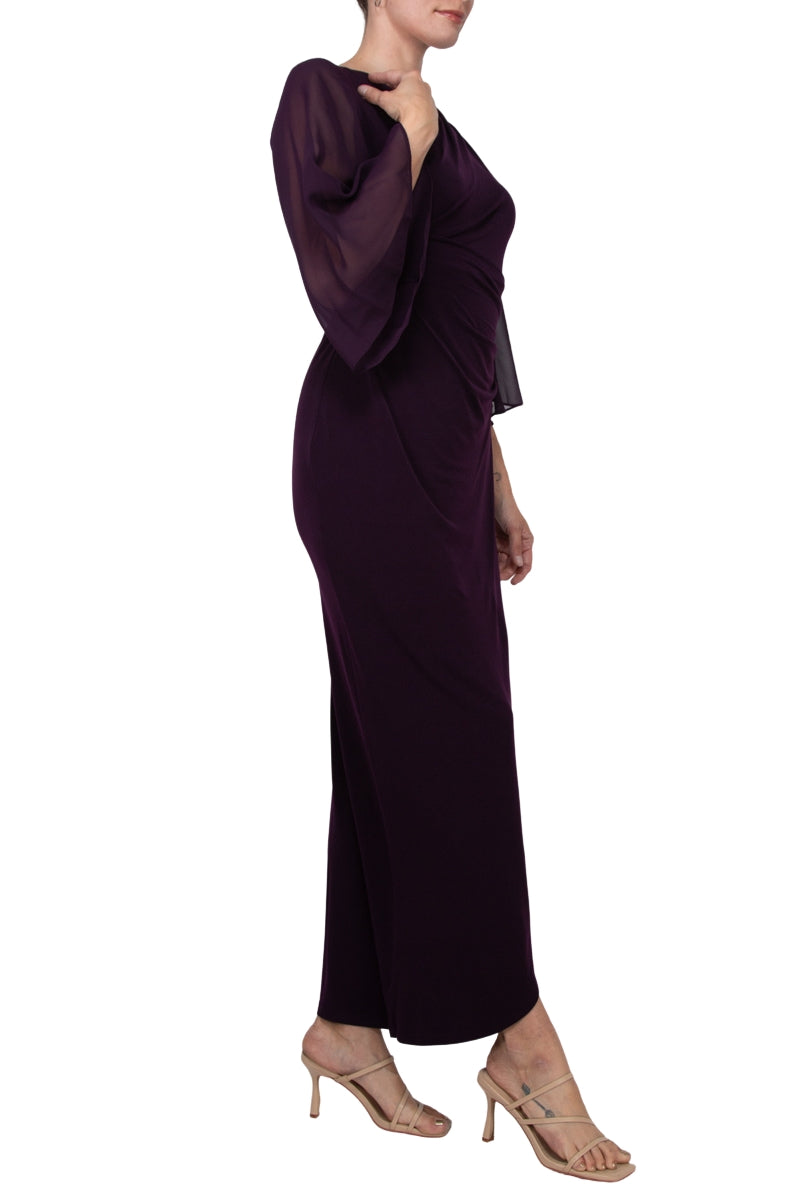 Connected Apparel Asymmetrical Floor Length Chiffon Dress - Aubergine - Side full view