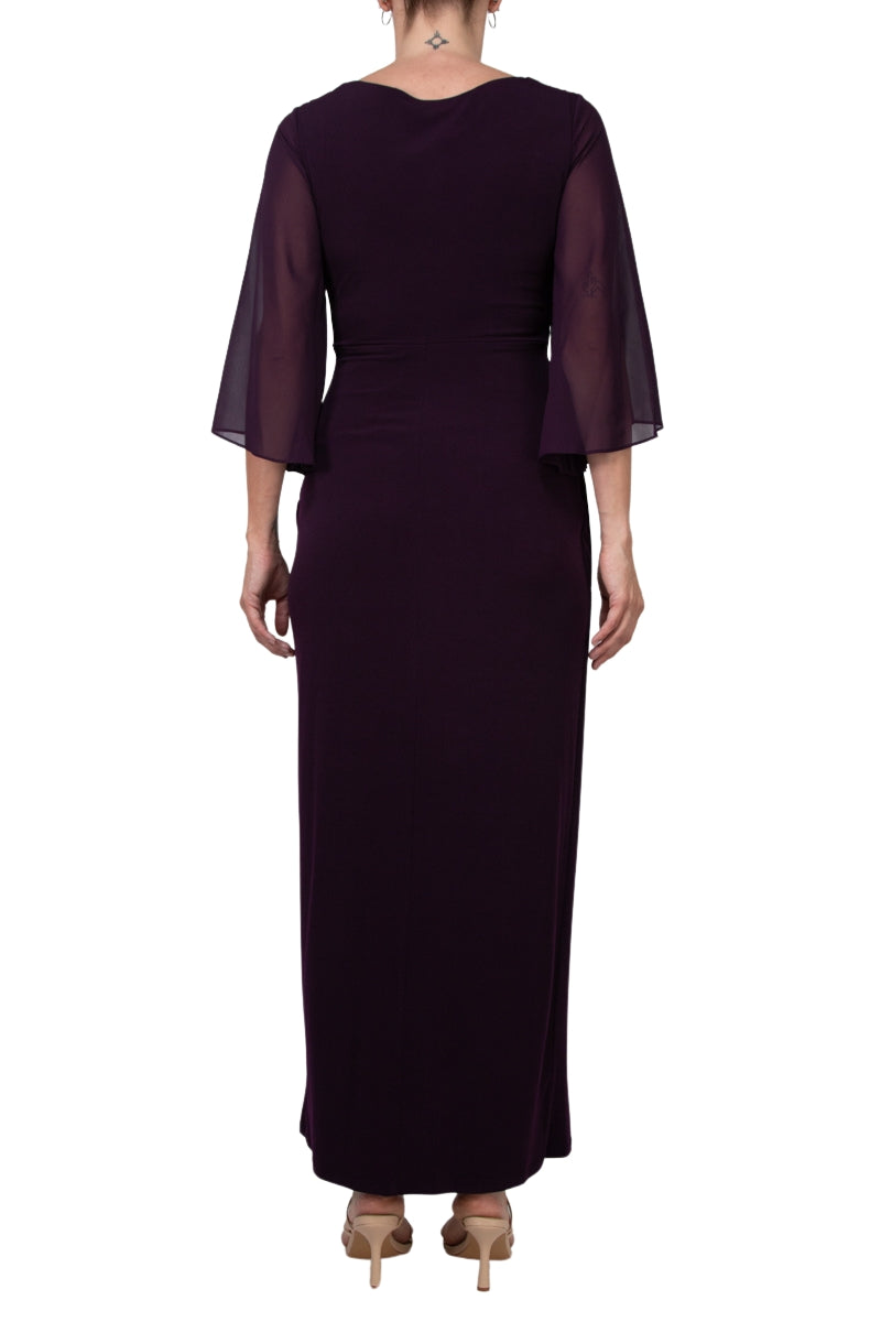 Connected Apparel Asymmetrical Floor Length Chiffon Dress - Aubergine - Back