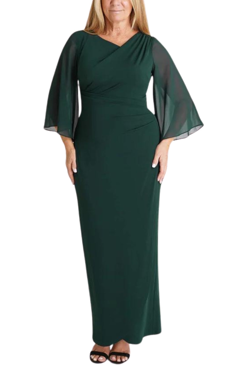 Connected Apparel Asymmetrical Floor Length Chiffon Dress - HUNTER - Front