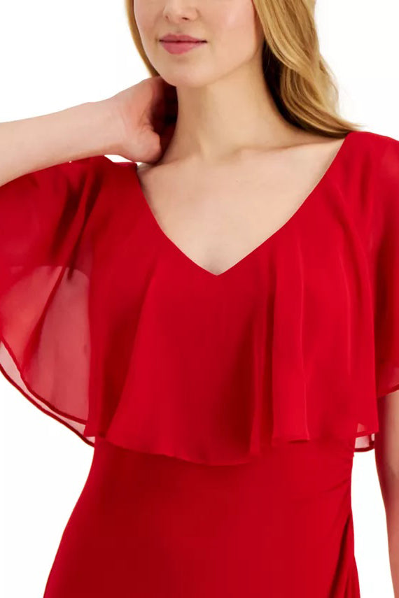 Connected Apparel V-neck Flutter Chiffon Sleeve Solid Column Matte Jersey Gown - Wholesale - APPLE RED - Neckline