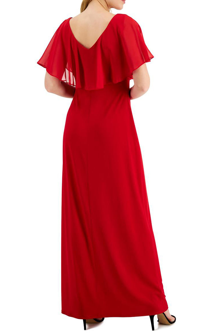Connected Apparel V-neck Flutter Chiffon Sleeve Solid Column Matte Jersey Gown - Wholesale - APPLE RED - Back