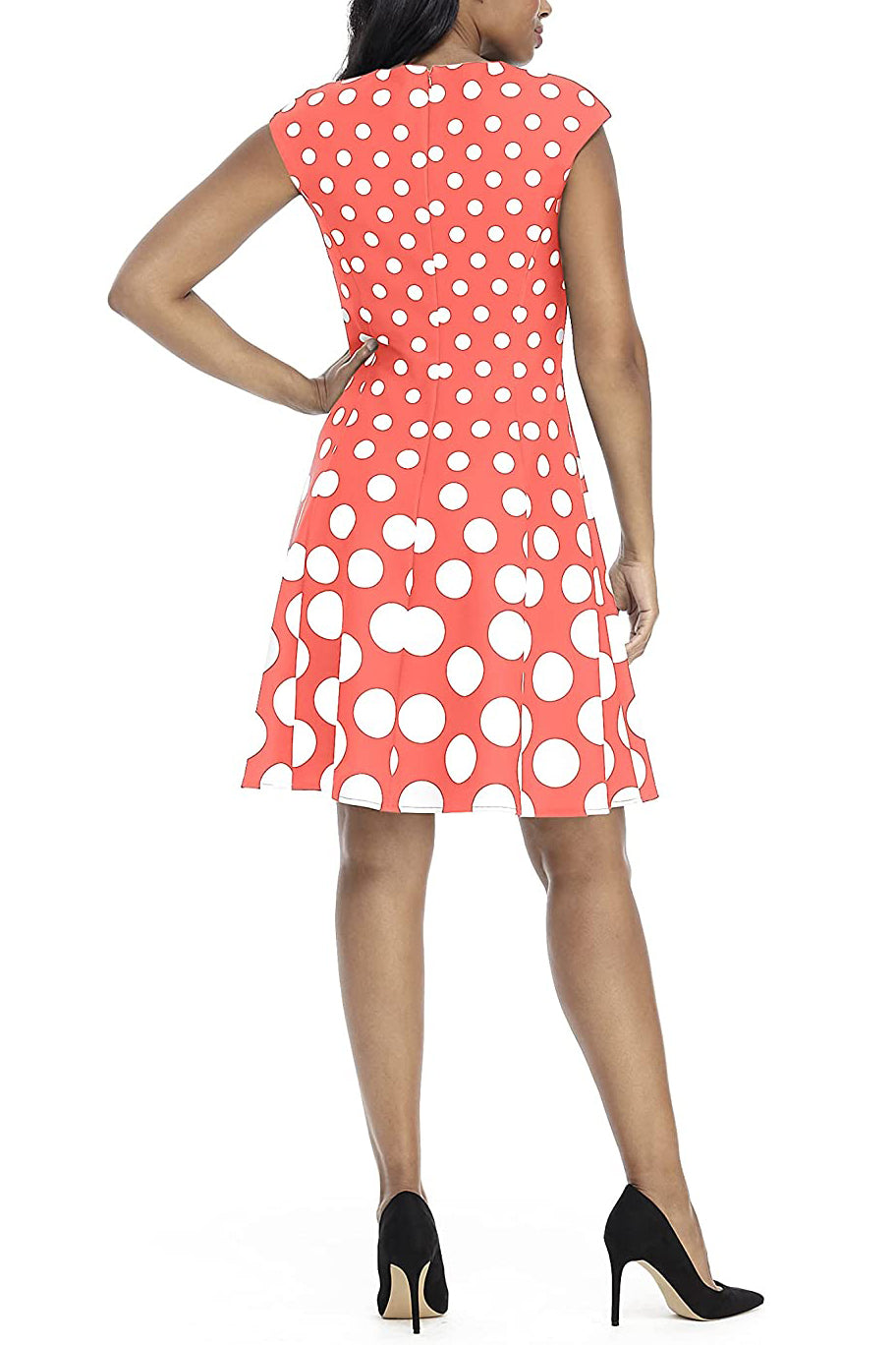 London Times Crew Neck Cap Sleeve Box Pleated Polka Dot Print Jersey Dress - CORAL WHITE - Back