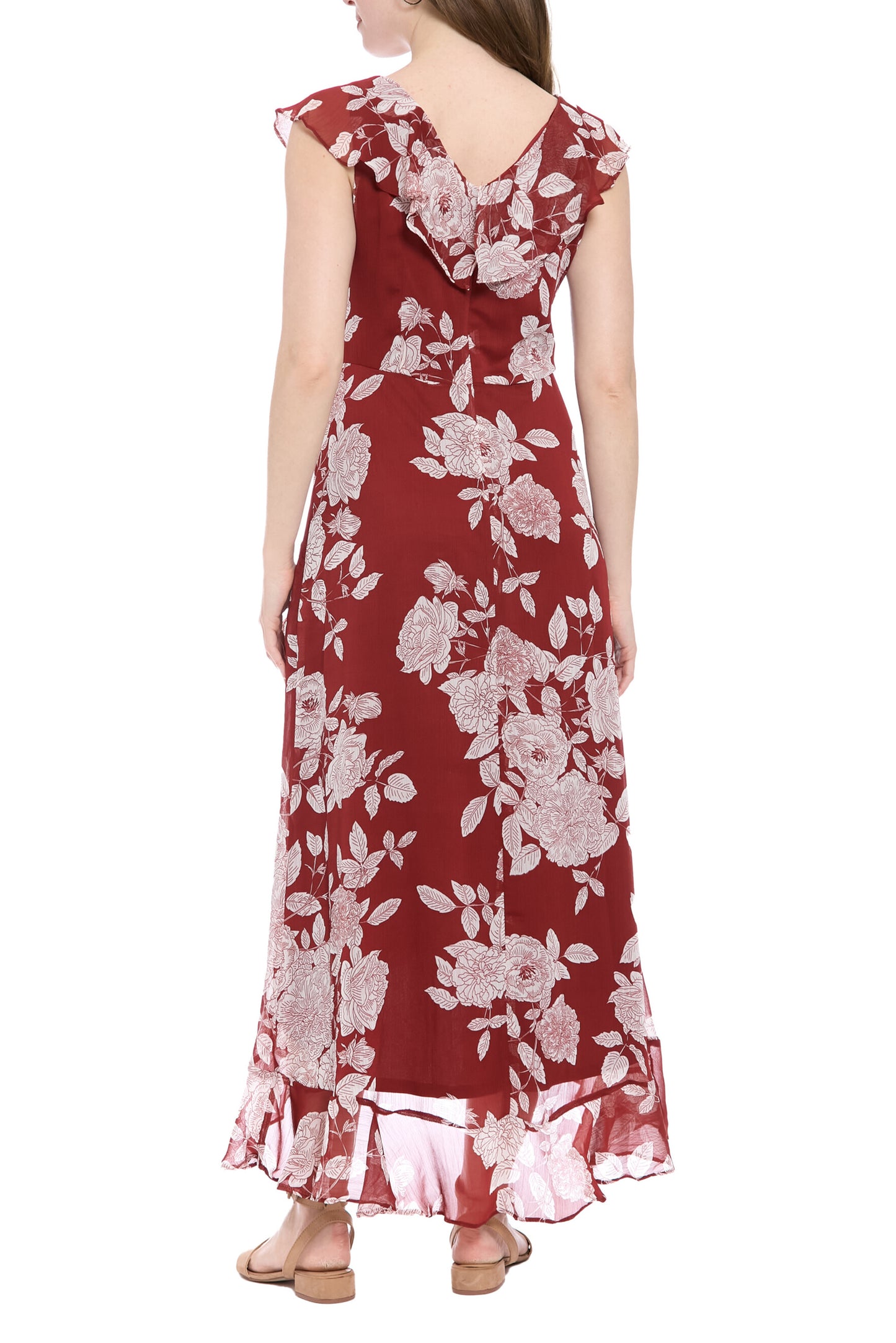 London Times V-Neck Ruffled Floral Print Zipper Back Chiffon Maxi Dress - RED WHITE - Back