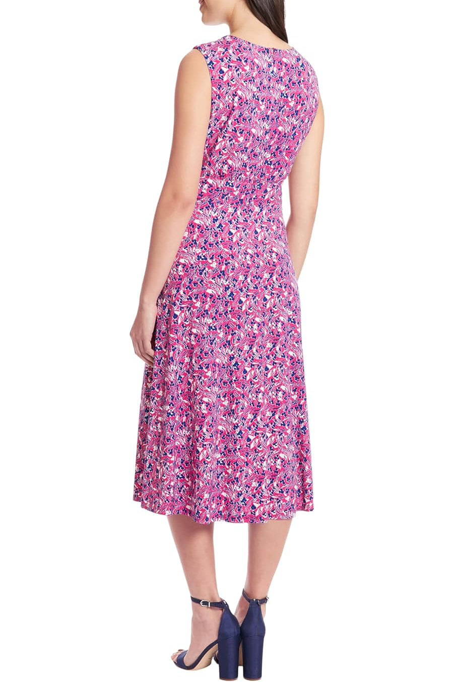 London Times Crew Neck Sleeveless Ruched Front Multi Print Zipper Back Banded Waist Fit & Flare Matte Jersey Dress - BERRY WHITE - Back