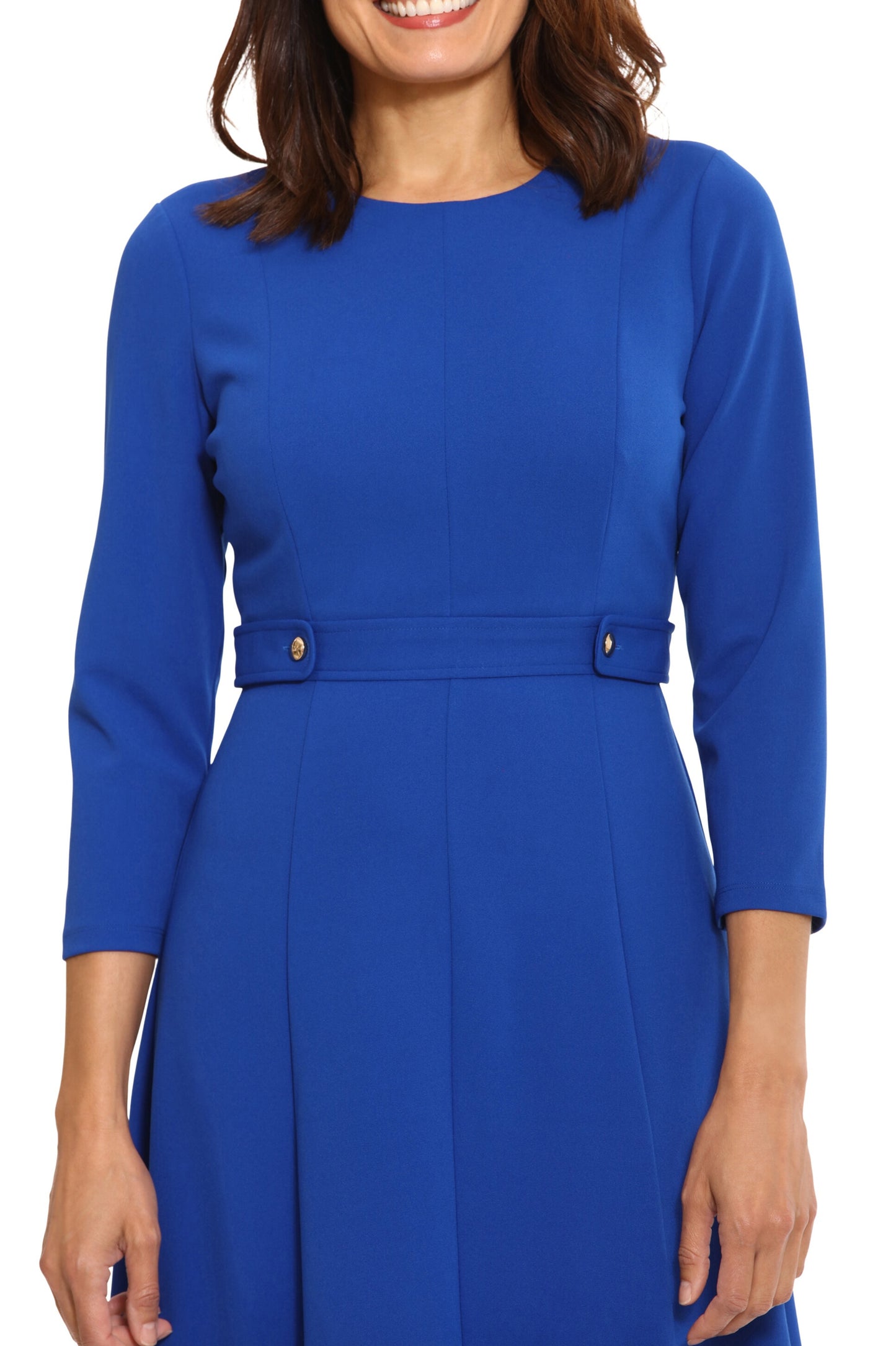 London Times 3/4 Sleeve Seamed Side Tab Fit & Flare Midi Dress - BLUE - FABRIC