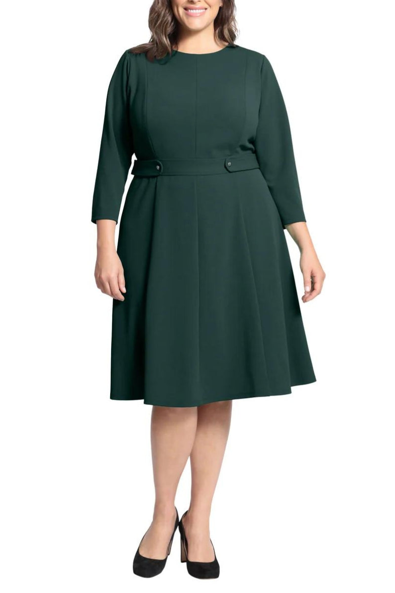 London Times 3/4 Sleeve Seamed Side Tab Fit & Flare Midi Dress - EMERALD - FRONT VIEW