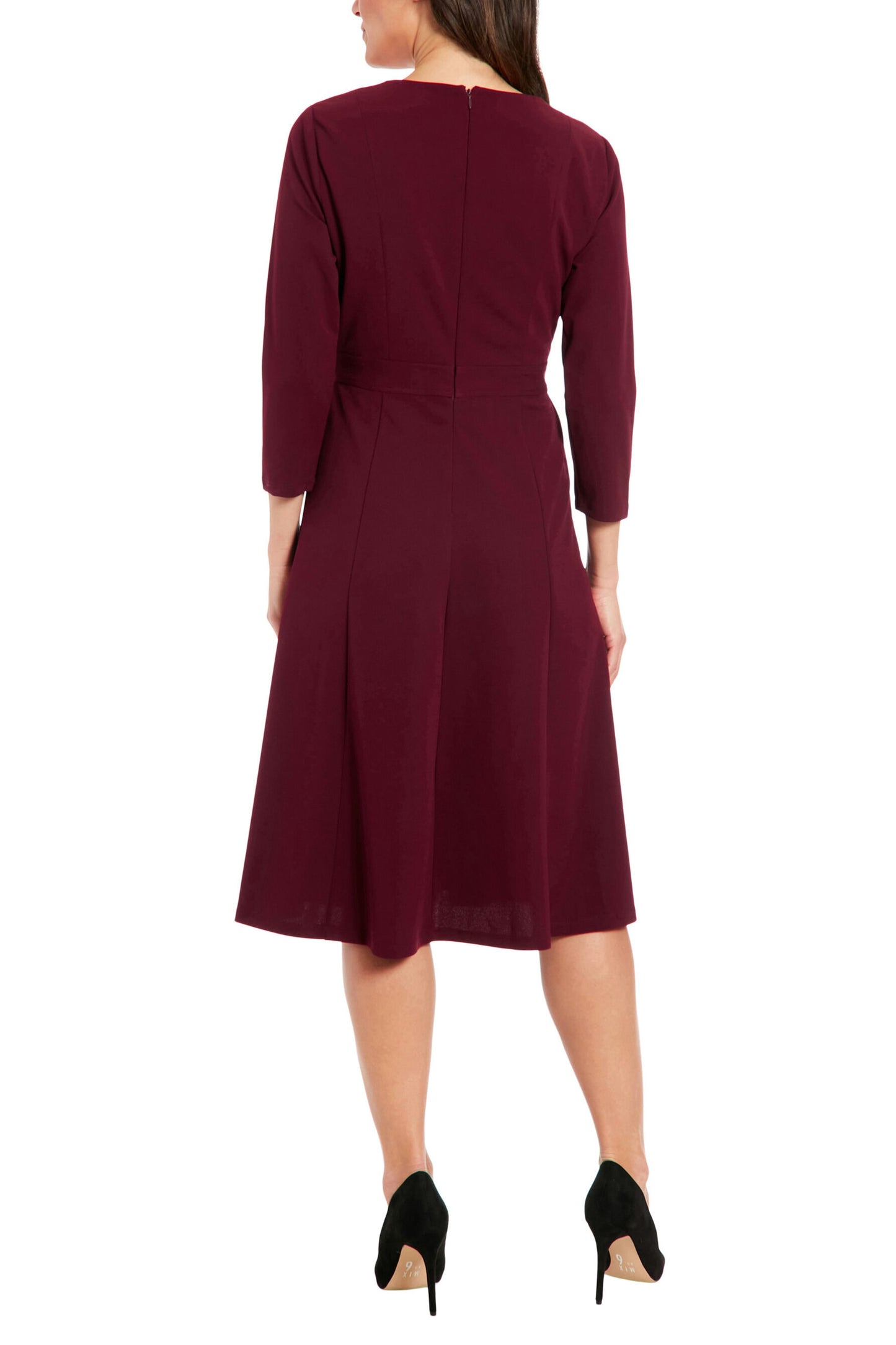 London Times 3/4 Sleeve Seamed Side Tab Fit & Flare Midi Dress - BURGUNDY - BACK
