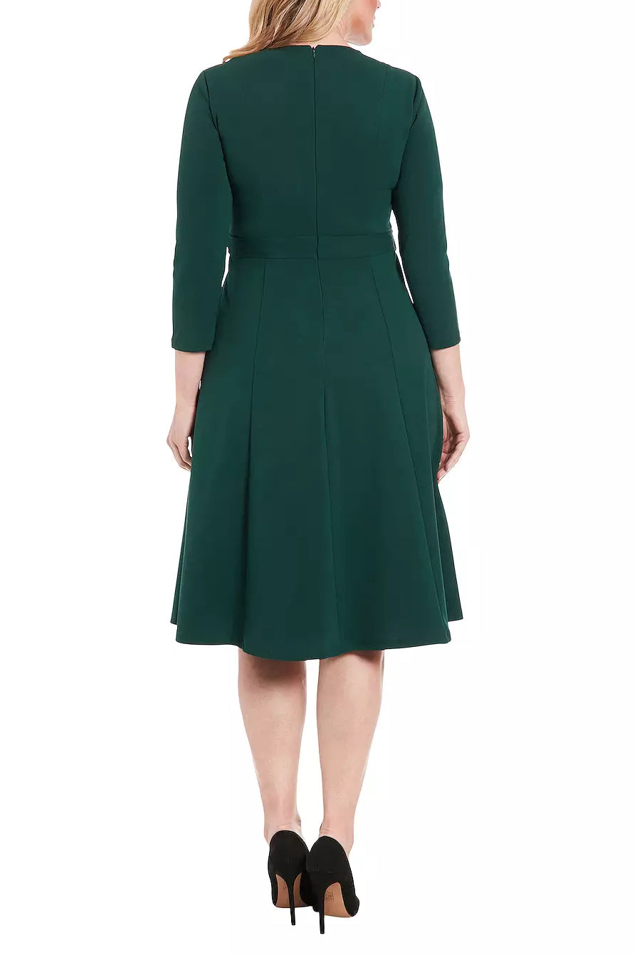 London Times 3/4 Sleeve Seamed Side Tab Fit & Flare Midi Dress - EMERALD - BACK