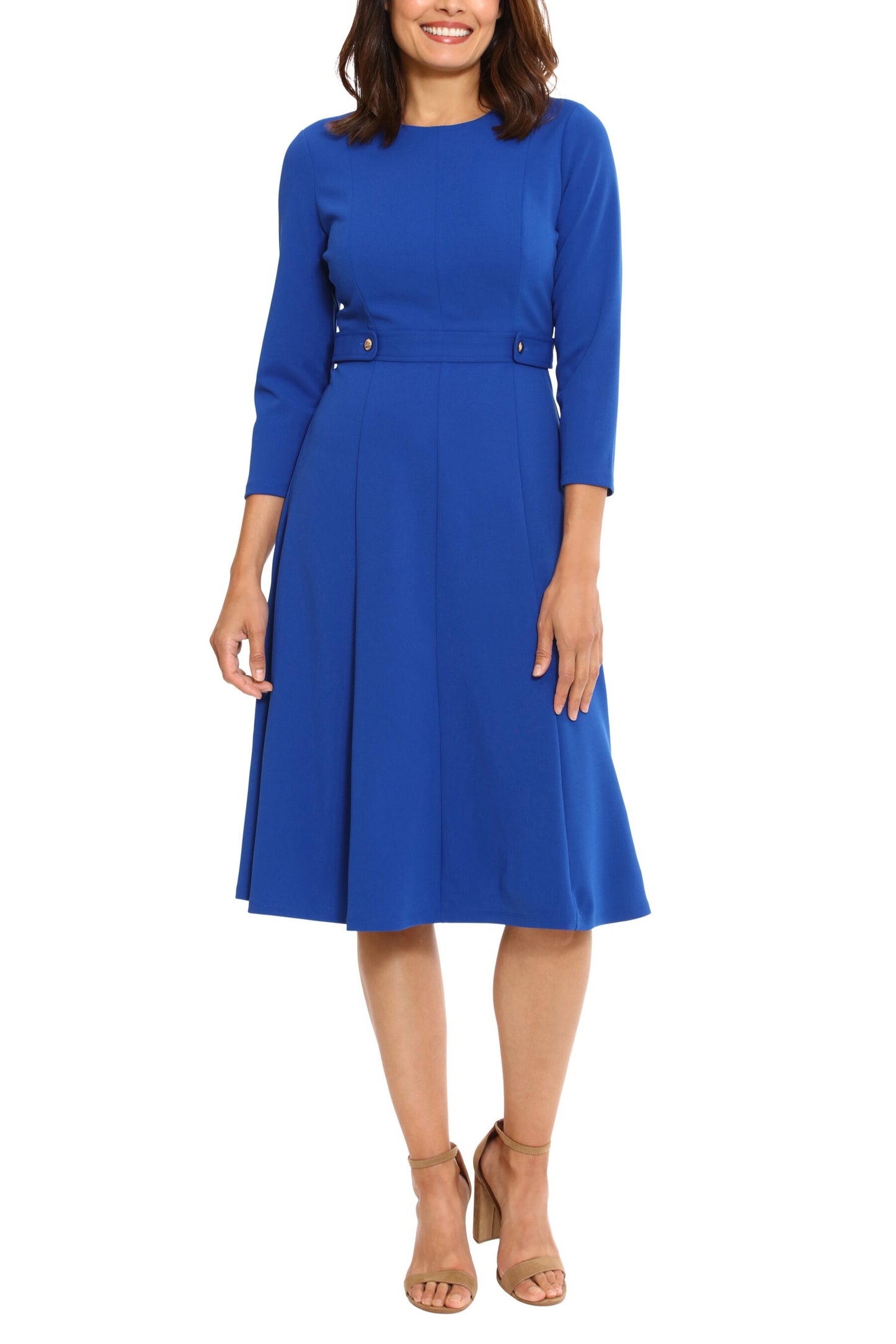 London Times 3/4 Sleeve Seamed Side Tab Fit & Flare Midi Dress - BLUE - FRONT