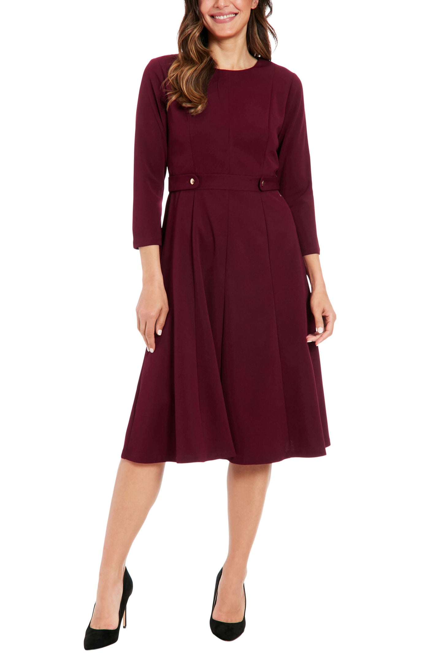 London Times 3/4 Sleeve Seamed Side Tab Fit & Flare Midi Dress - BURGUNDY - FRONT