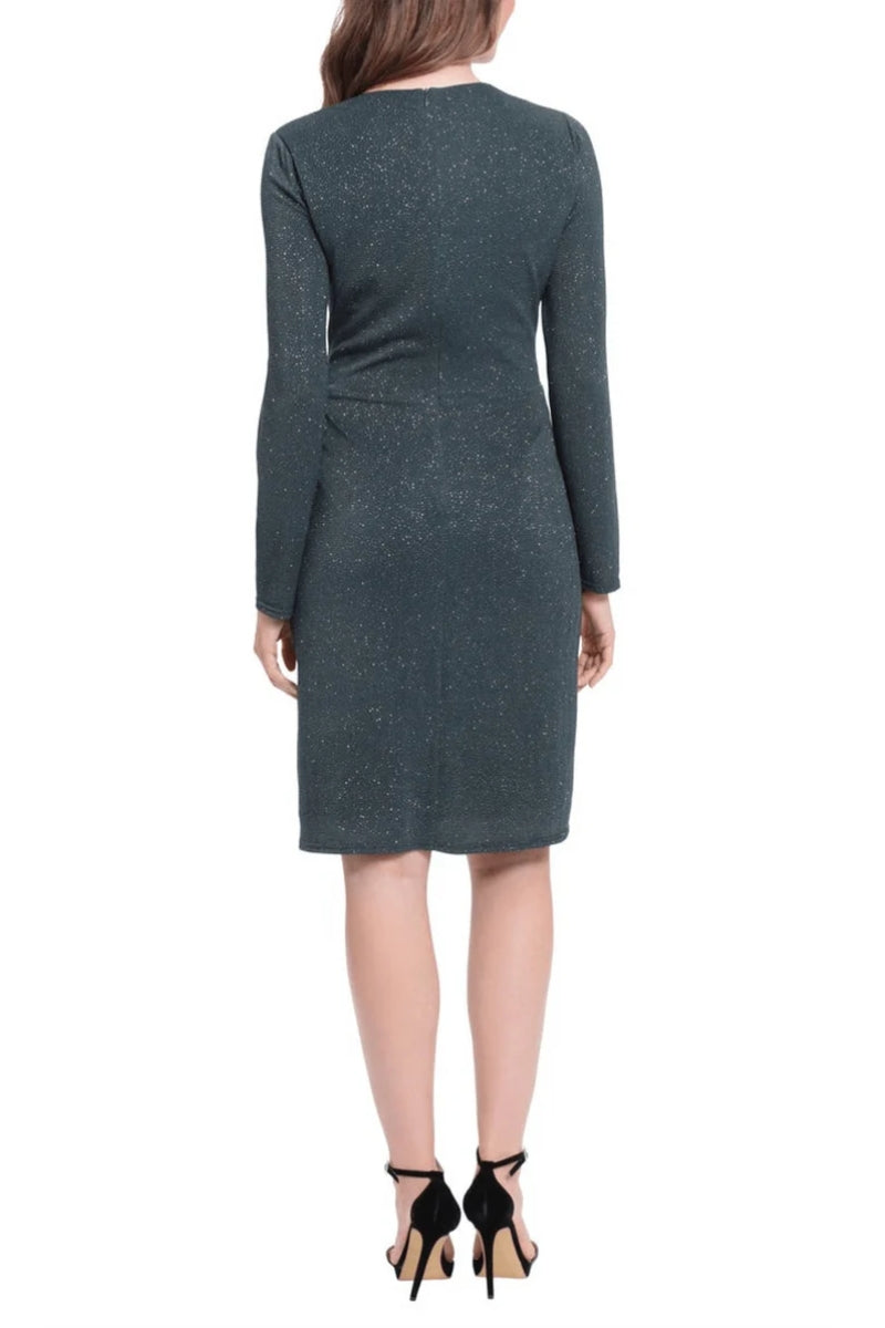 London Times Long Sleeve Shirred Surplice Side Flounce Dress - GREEN - BACK