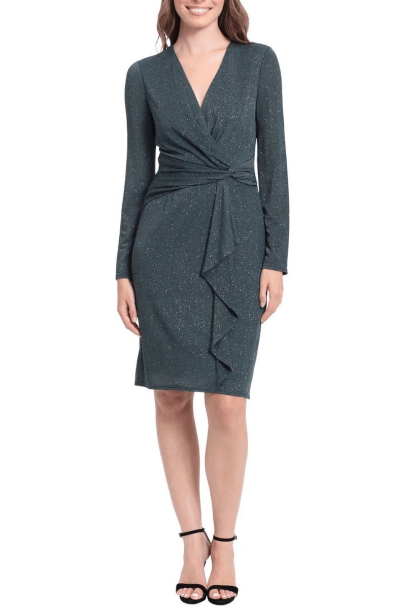 London Times Long Sleeve Shirred Surplice Side Flounce Dress - GREEN - FRONT