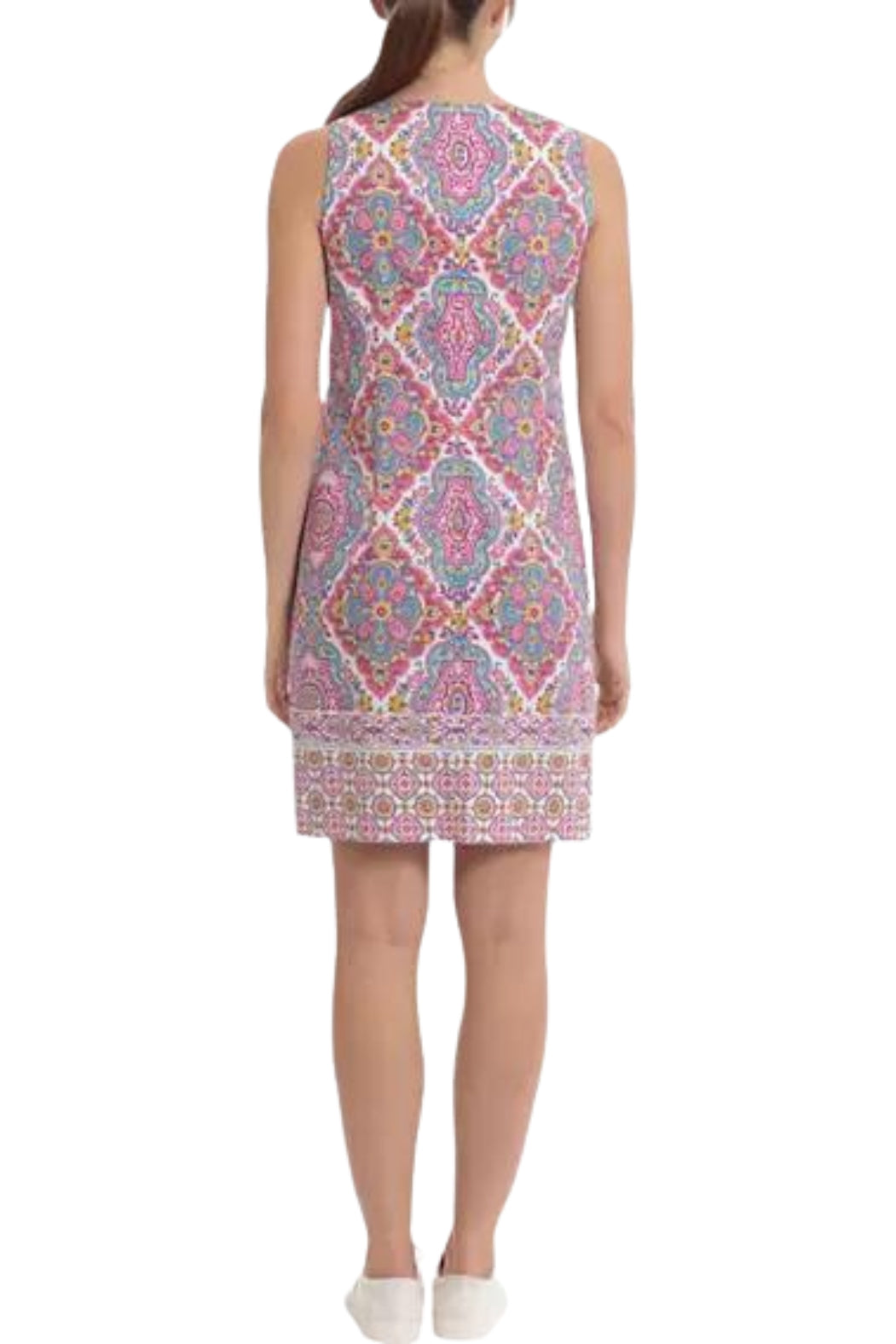 London Times Sleeveless Printed Cotton Sheath Dress - CORAL PURPLE - Back