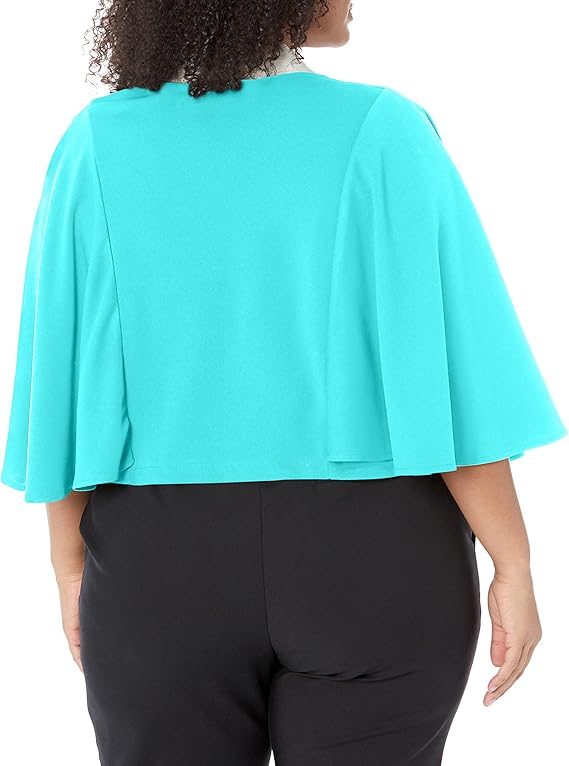 London Times Open Front Flutter Sleeve Solid Capelet Cloud Crepe - TURQUOISE - Back