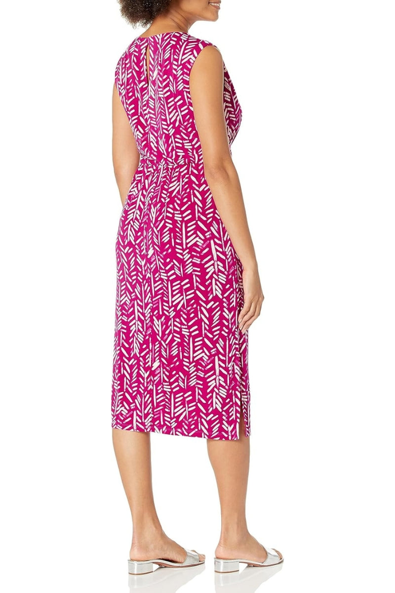 London Times Boat Neckline Sleeveless Waistband Midi Dress (Plus Size) - RASPBERRY - Back