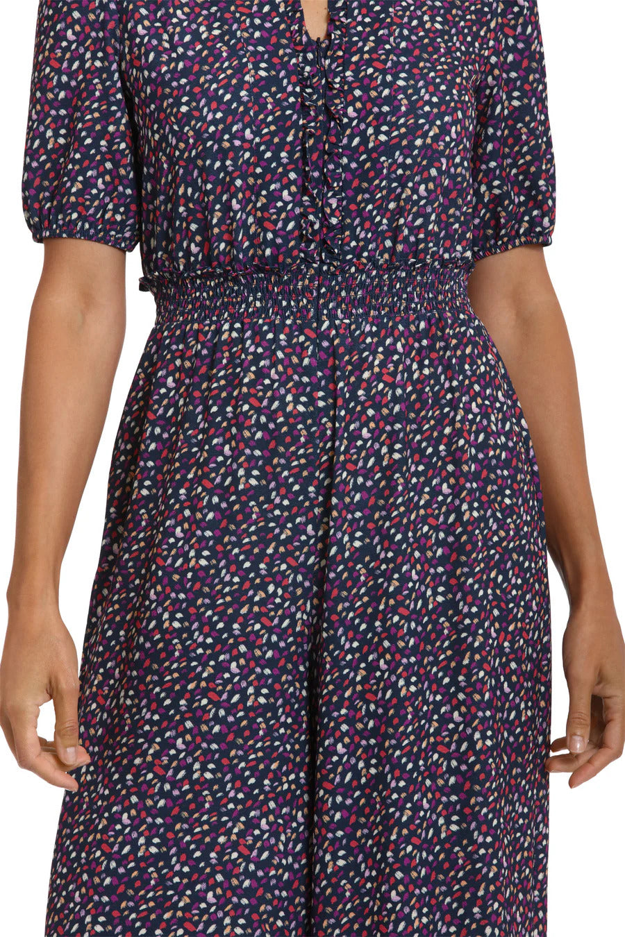 London Times Waist Ruffle Neckline Zip Front Relaxed Leg Jumpsuit - NAVY LILAC - Fabric