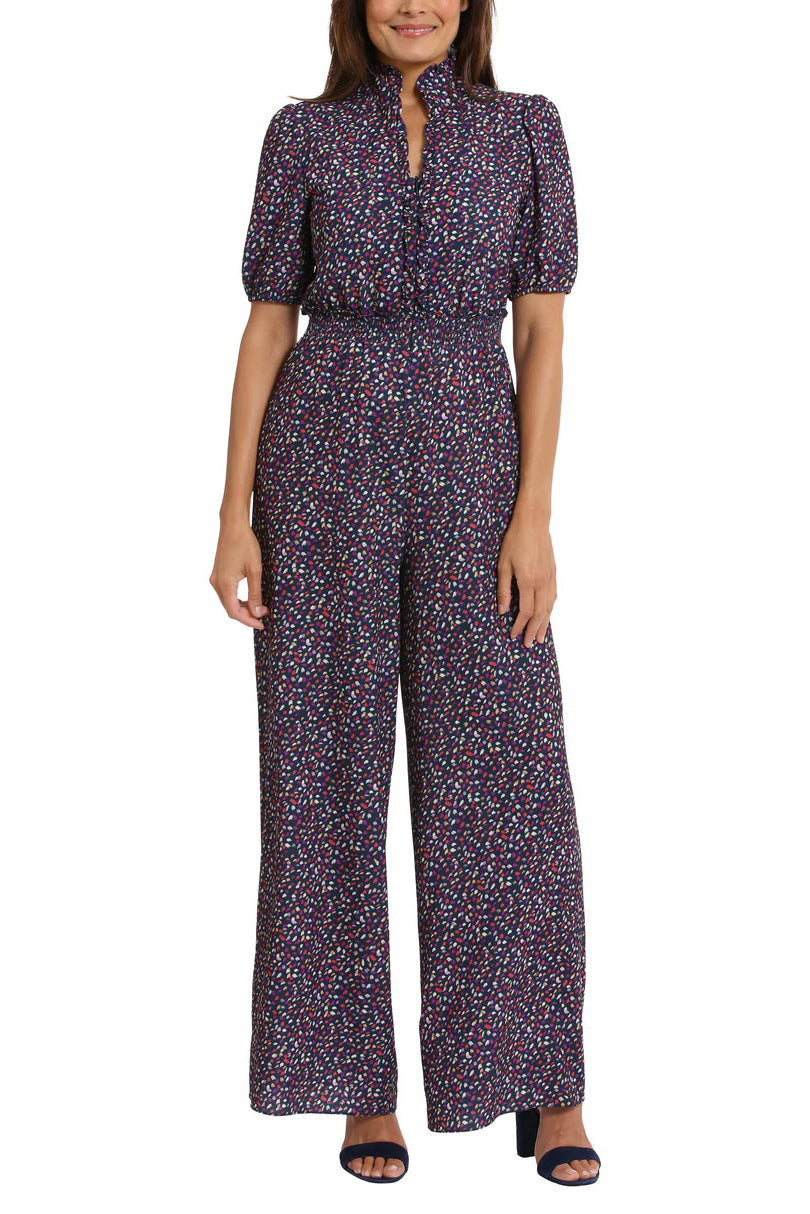 London Times Waist Ruffle Neckline Zip Front Relaxed Leg Jumpsuit - NAVY LILAC - Front full view