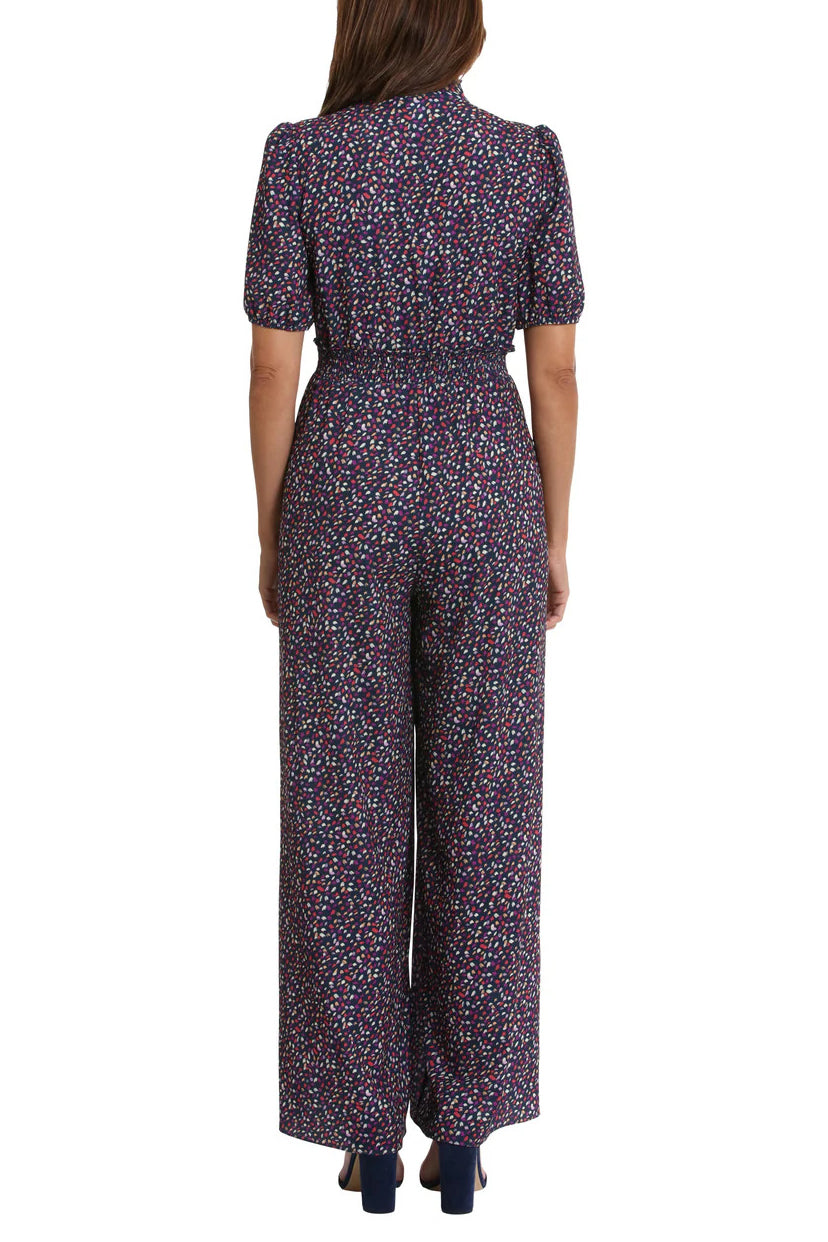 London Times Waist Ruffle Neckline Zip Front Relaxed Leg Jumpsuit - NAVY LILAC - Back