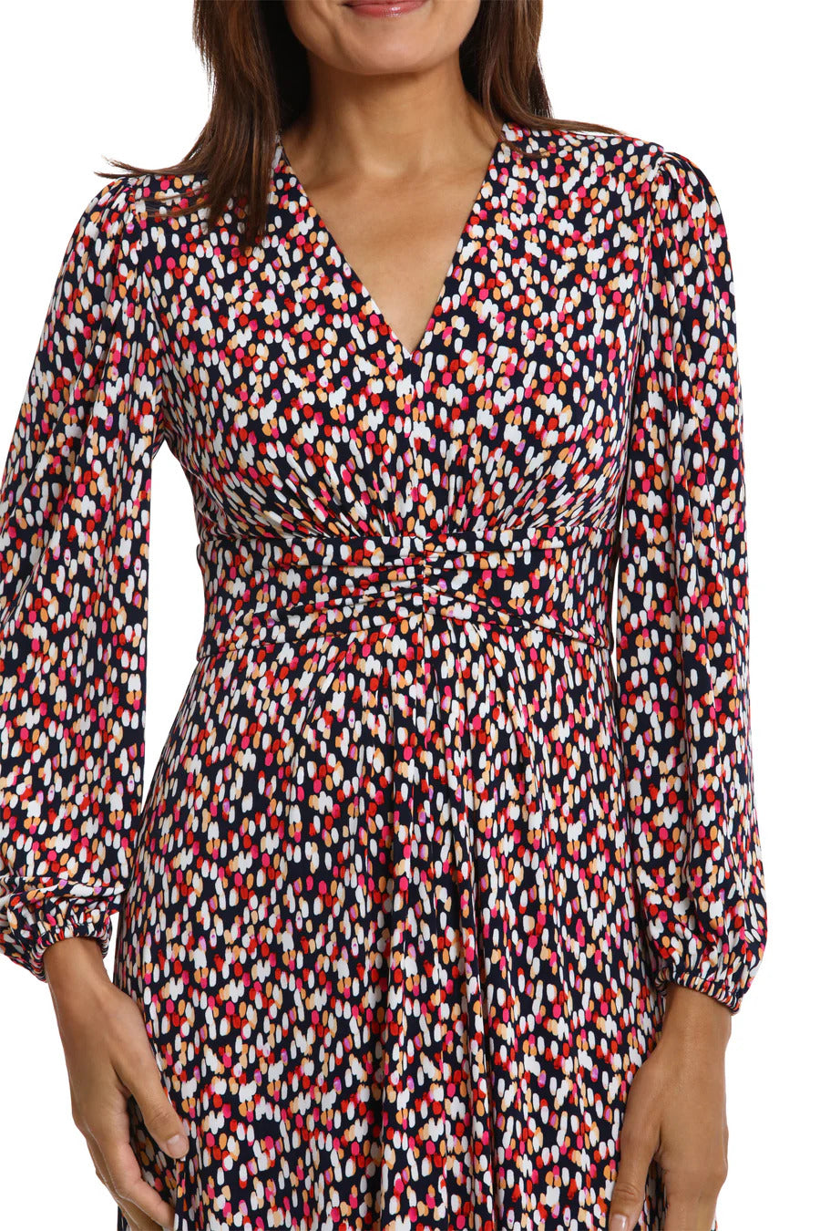 London Times Long Sleeve Ruched Empire Waist Midi Dress - NAVY CORAL - Fabric