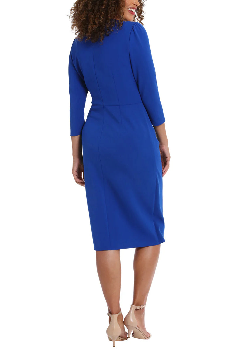 London Times Sweetheart Faux Wrap Side Ruched Midi Dress - BLUE - BACK