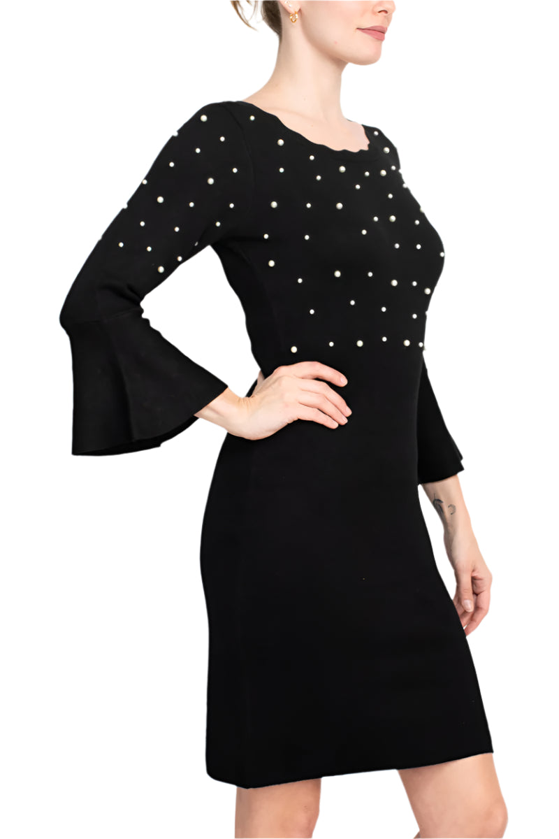 London Times Scoop Neckline Delicate Ruffles Pearl Detailing Valoria Knit Dress