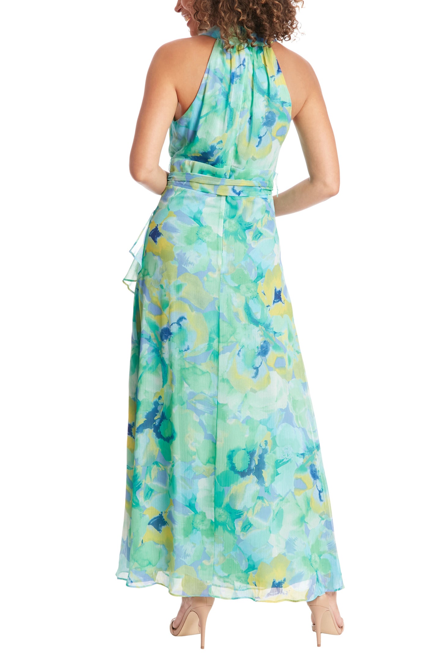London Times Floral Halter Neckline Sleeveless Back Zipper Closure Side-Tie Wrap Slit Silhouette Maxi Dress - PERI GREEN - Back