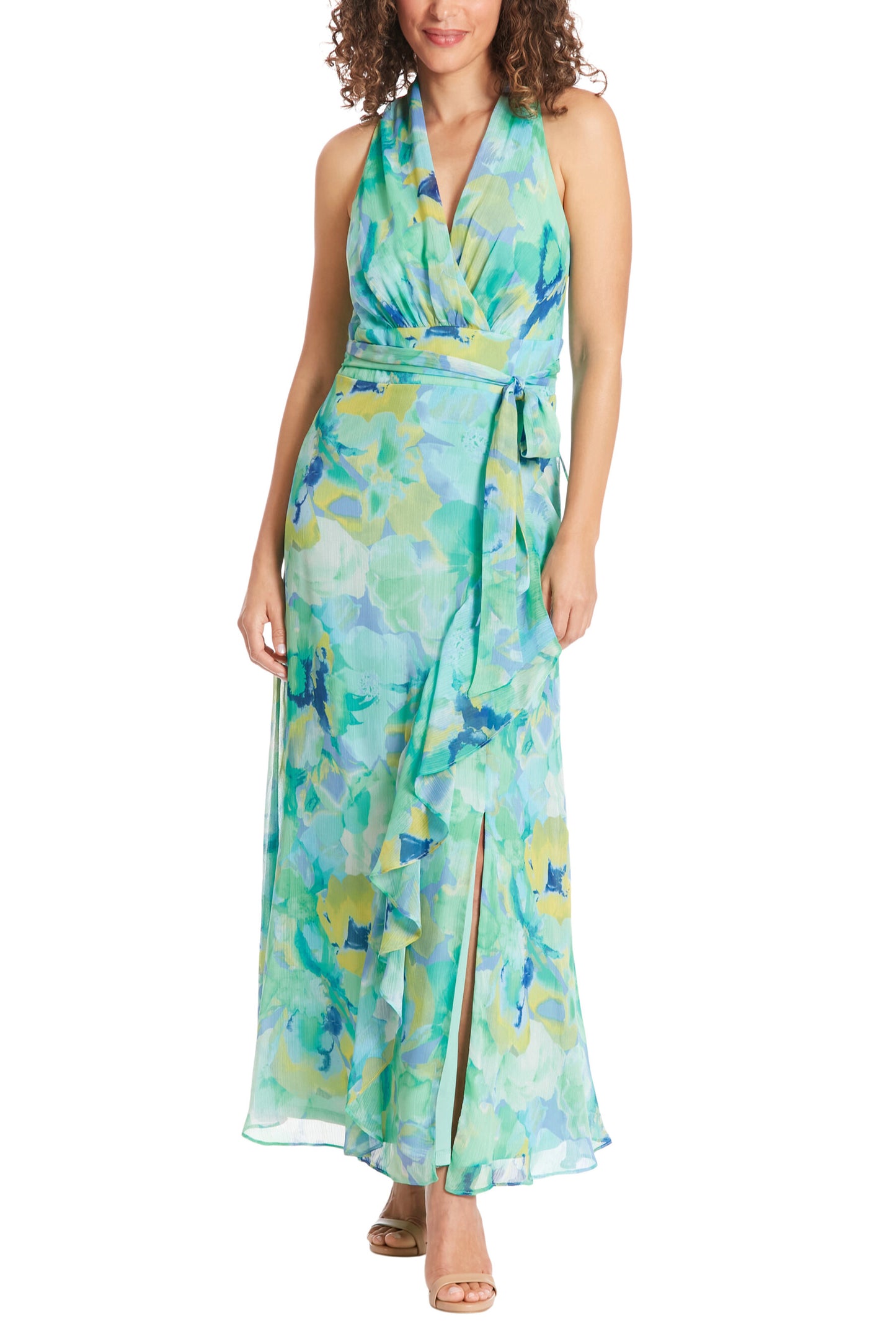 London Times Floral Halter Neckline Sleeveless Back Zipper Closure Side-Tie Wrap Slit Silhouette Maxi Dress - PERI GREEN - Front