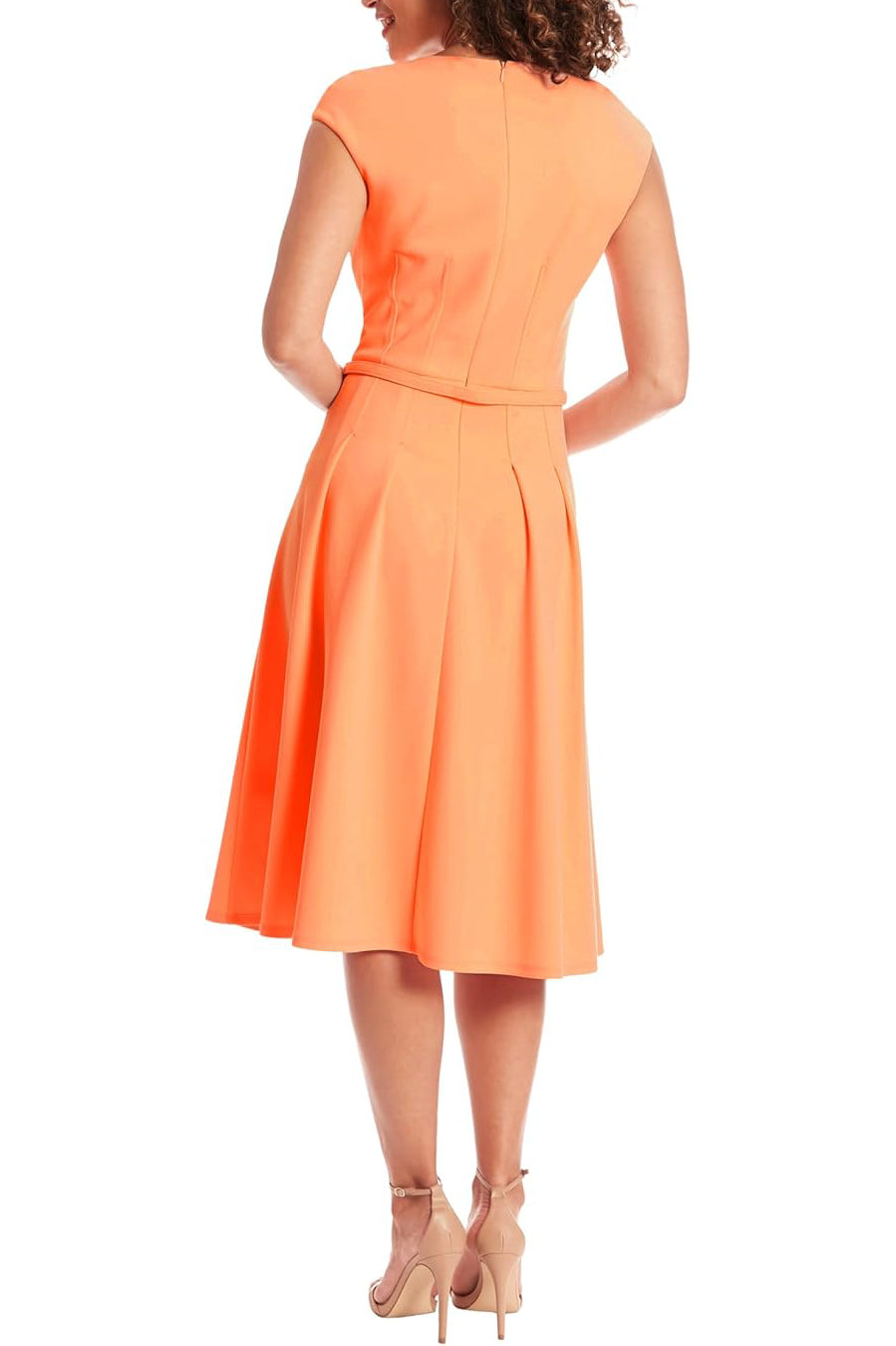 London Times V-Neck Tucked Midi with Belt Dress - PEACH - Back