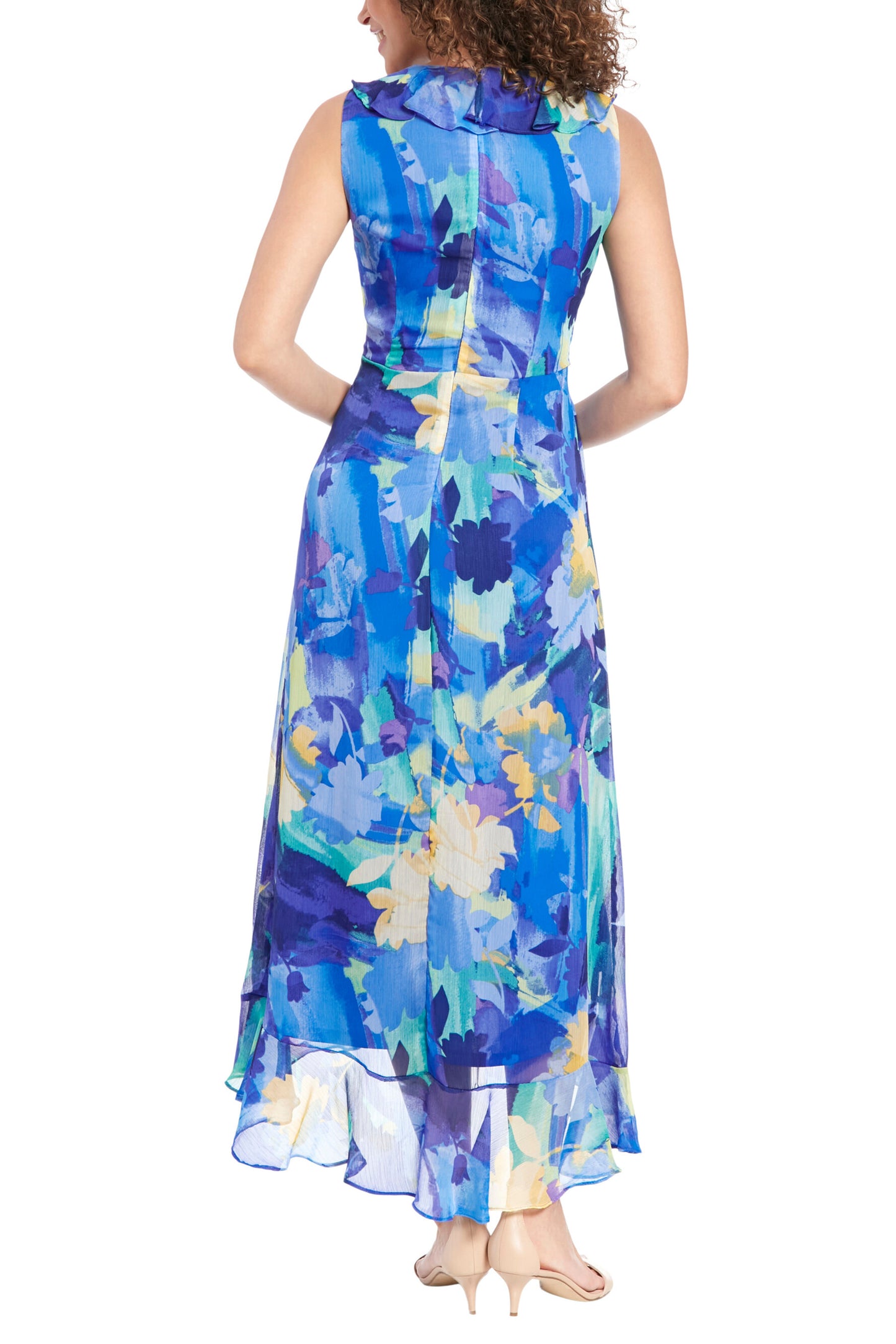 London Times Rosie Ruffled V-Neckline Back Zipper Closure Faux Wrap Maxi Dress - BLUE MULTI - Back