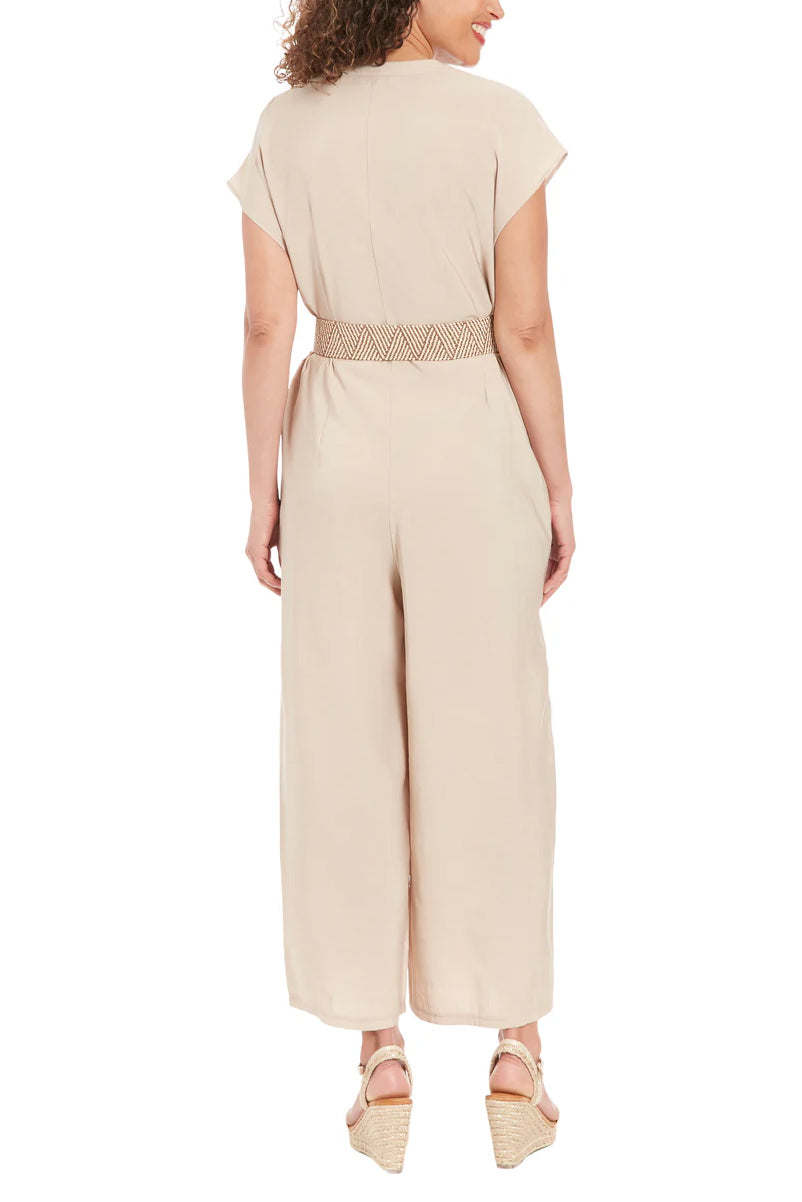 London Times Belted Wide Leg Jumpsuit - LIGHT BEIGE - Back