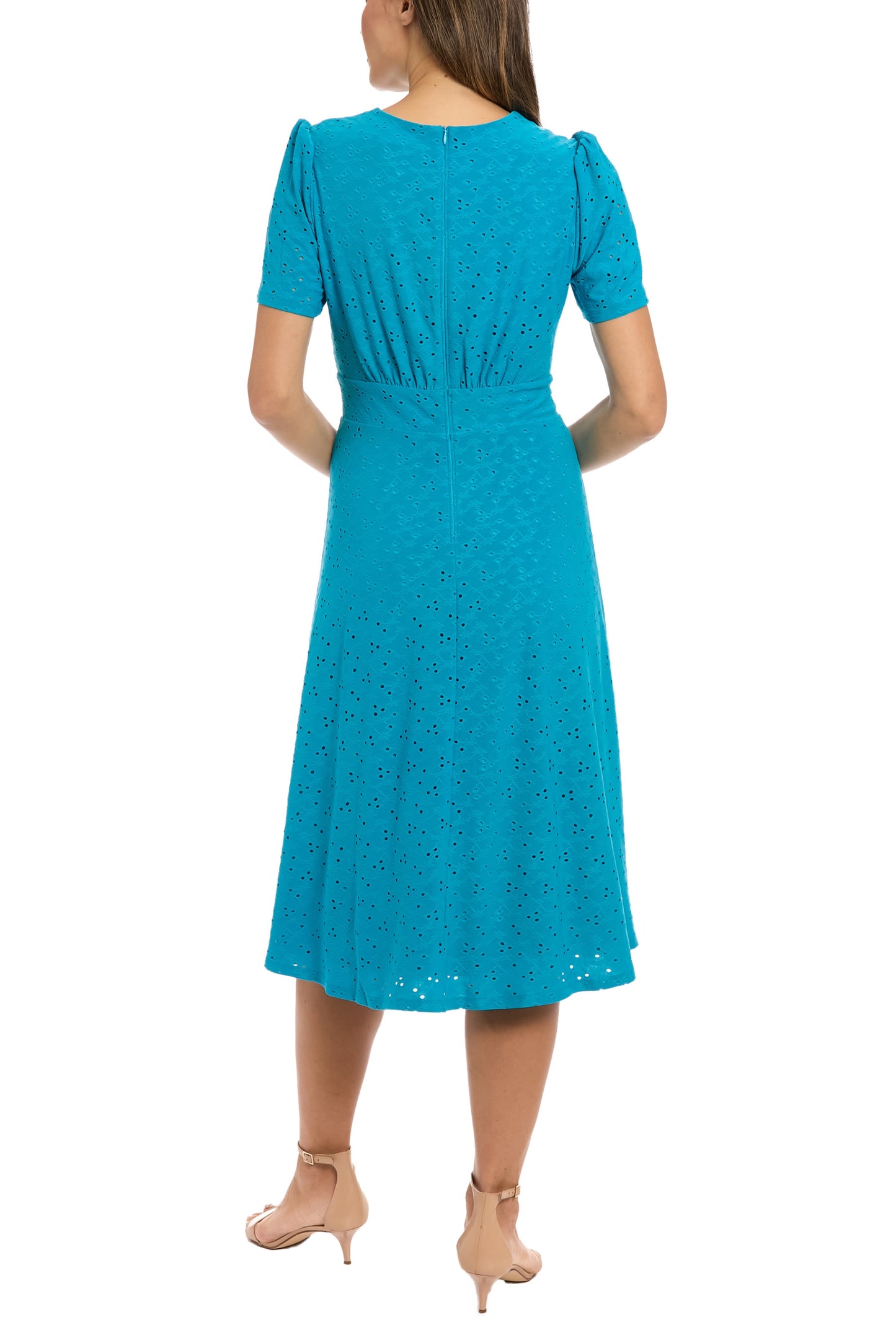 London Times Short Puff Sleeves Inset Waist Fitted Bodice A-Line Scalloped Hem Skirt Midi Eyelet Detail Dress - BARRIER REEF - back