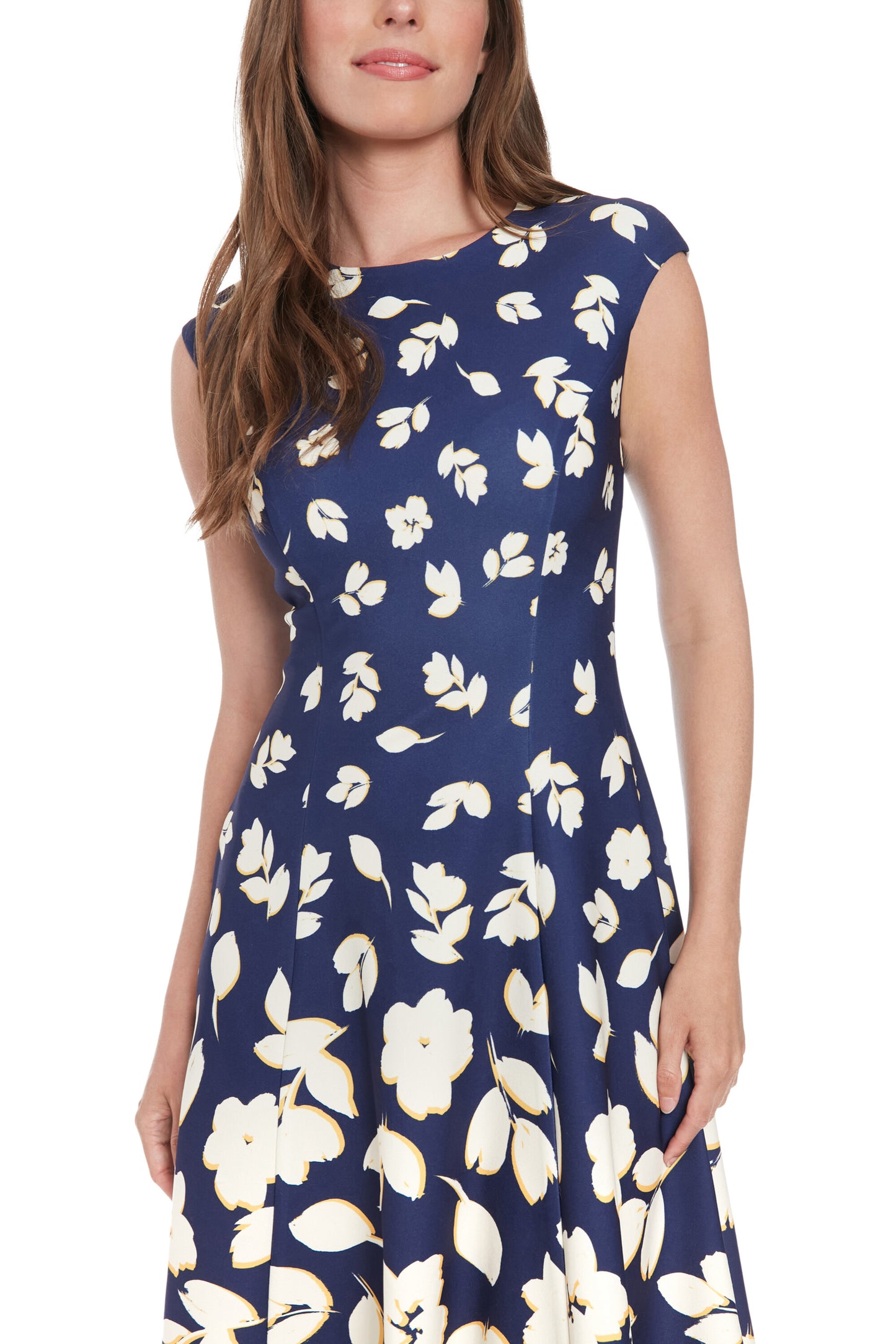 London Times All-Over Floral Print Crew Neckline Cap Sleeve Fit and Flare Dress - NAVY IVORY - FABRIC