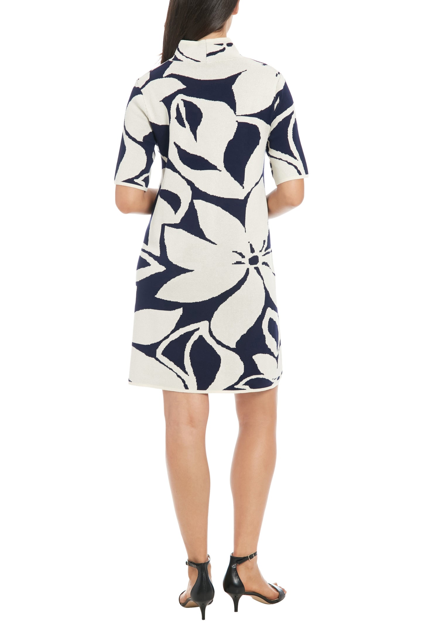 London Times Mock Round Turtle Neck Short Sleeves Fitted Floral Print Ruched A-Line Silhouette Dress - NAVY IVORY - Back