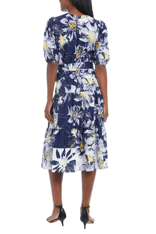 Cocktail Dresses Floral Printed Jewel Neckline Puff Sleeve Tie Waist Midi Dress Navy/Ivory
