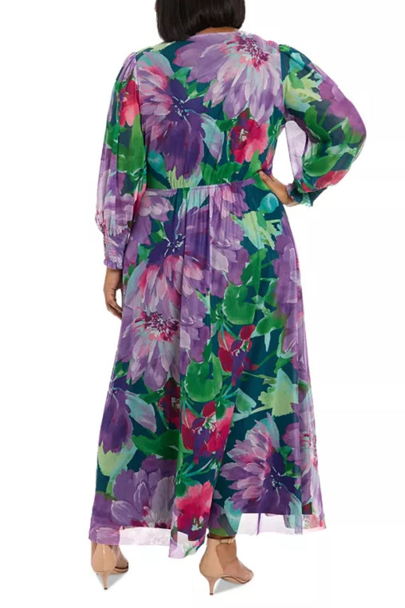 London Times Floral Print Surplice V-Neckline Puffed Long Sleeves Smocked Cuffs Draped Faux Wrap Silhouette Maxi Dress (Plus Size)