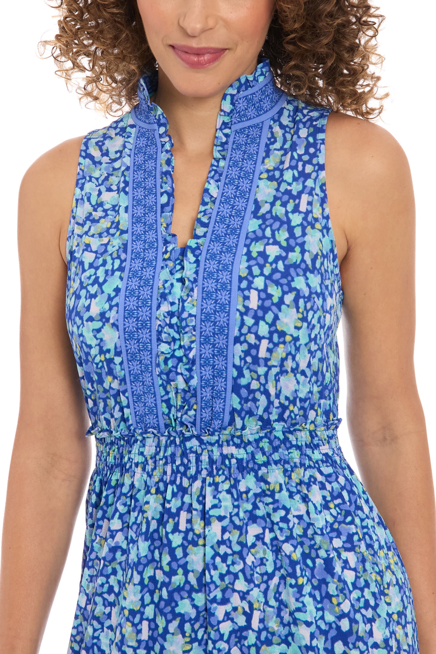 London Times High Detailed Neckline Sleeveless All-Over Floral Shirred Bodice Maxi Dress - Navy peri -fabric