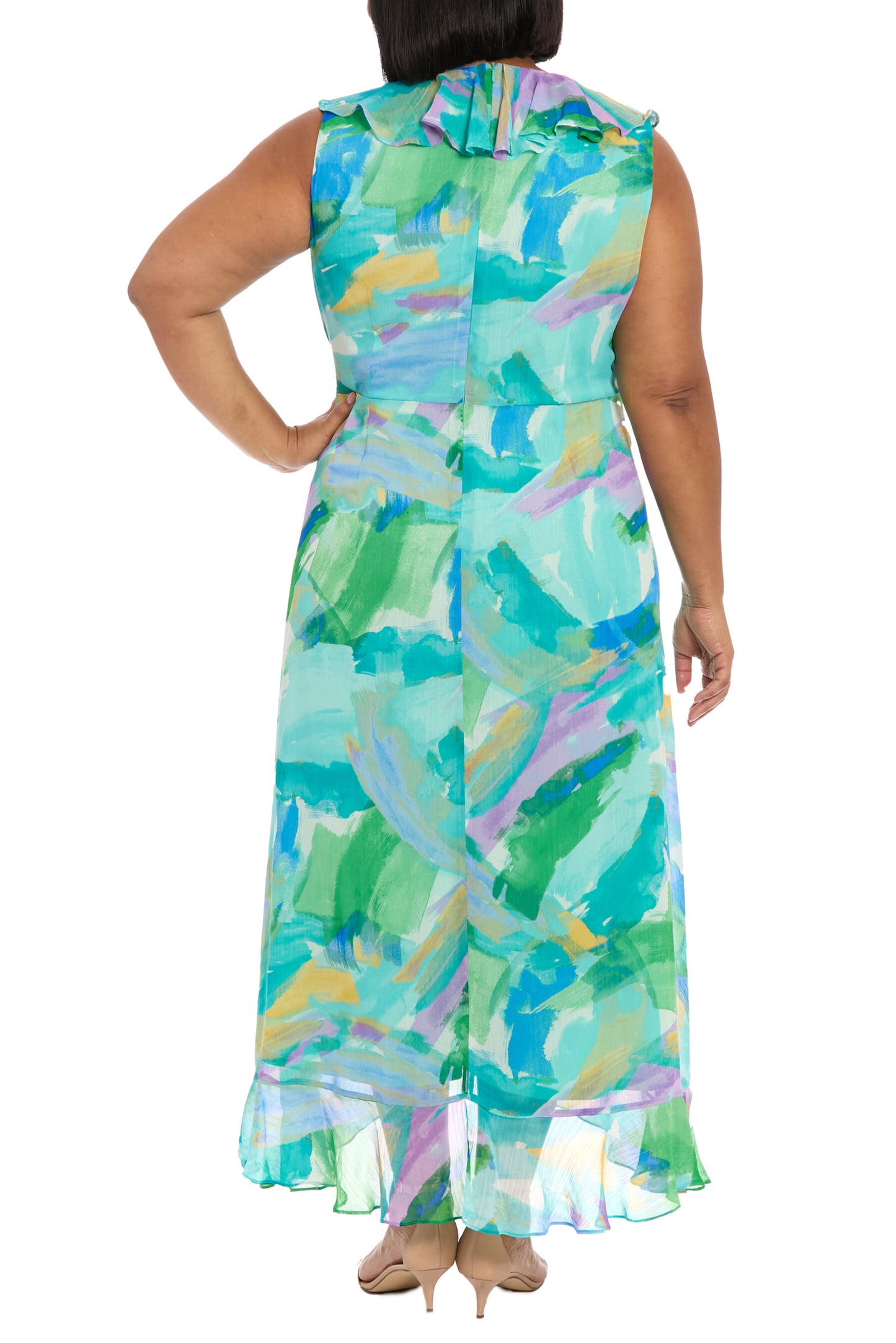 London Times Flattering V-Neckline Flowing Skirt Rosie Maxi Dress (Plus Size) - WHITE AQUA - Back