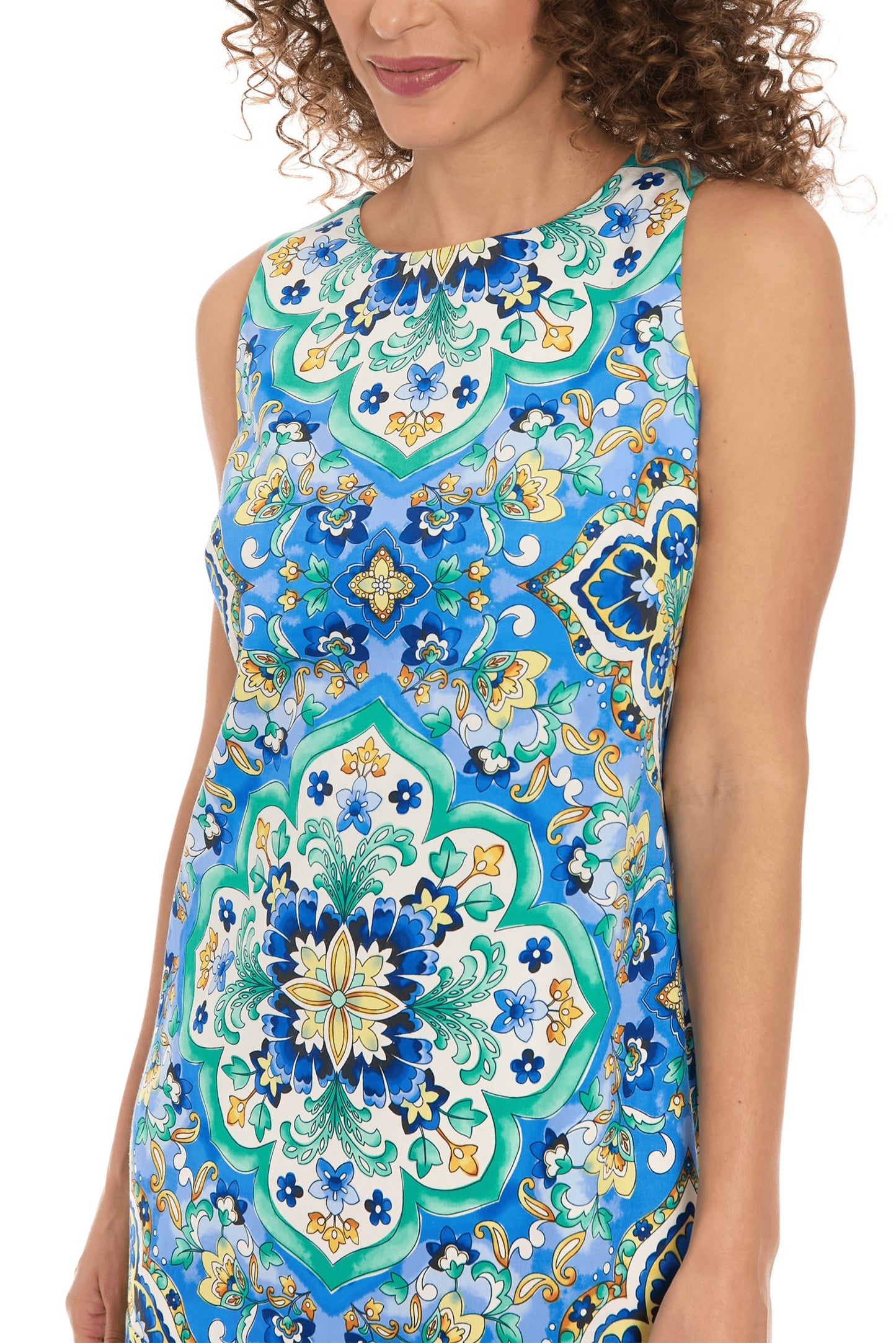 London Times Artistic Flair Jewel Neckline Sleeveless Shift Silhouette Mini Dress - WHITE BLUE - FABRIC