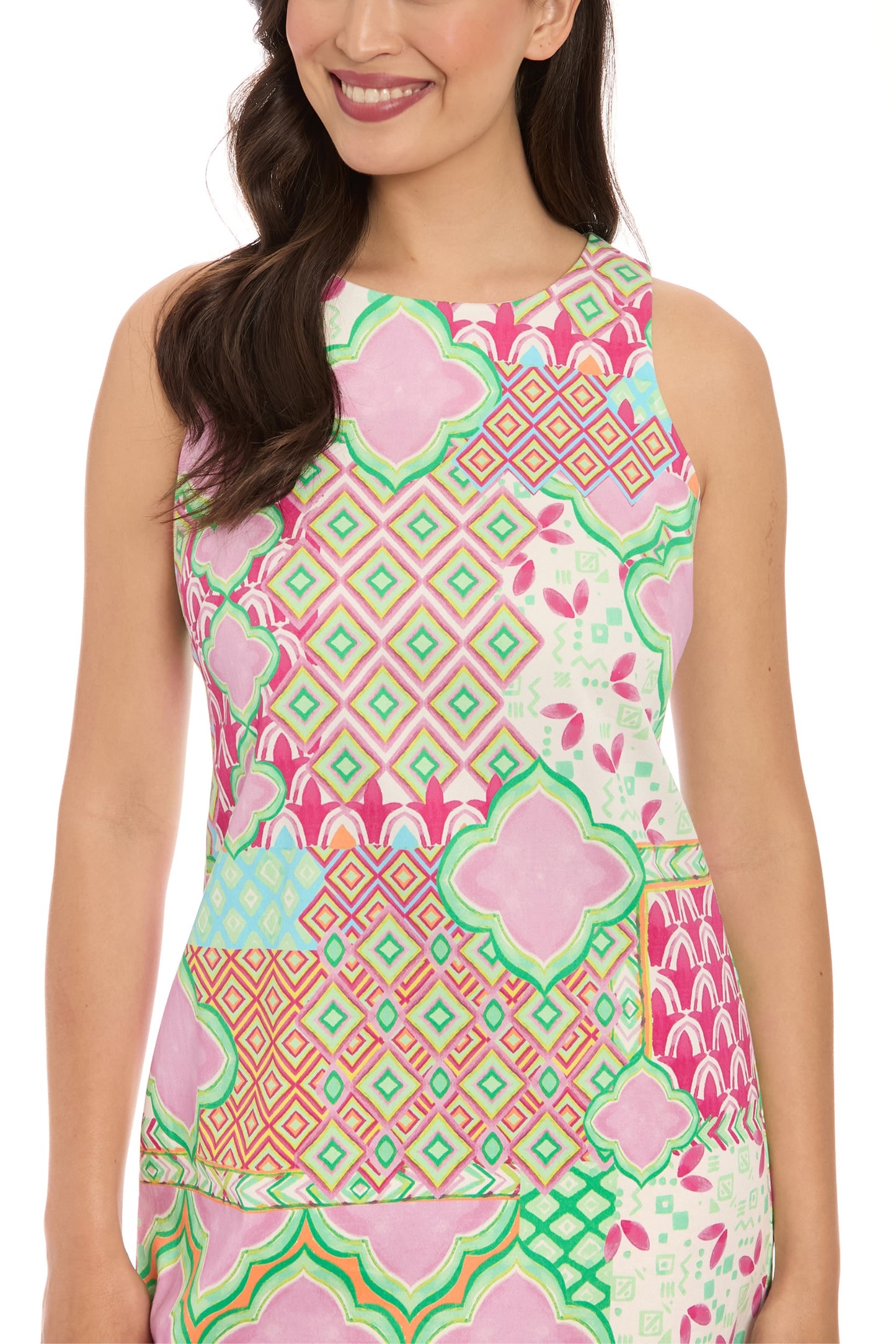 London Times Modest Crew Neckline Sleeveless Streamlined Silhouette Shift Dress - WHITE PINK - FABRIC