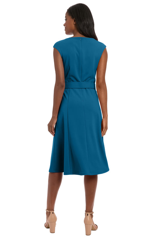 London Times T8113M Legion Blue boat neck belted midi dress back