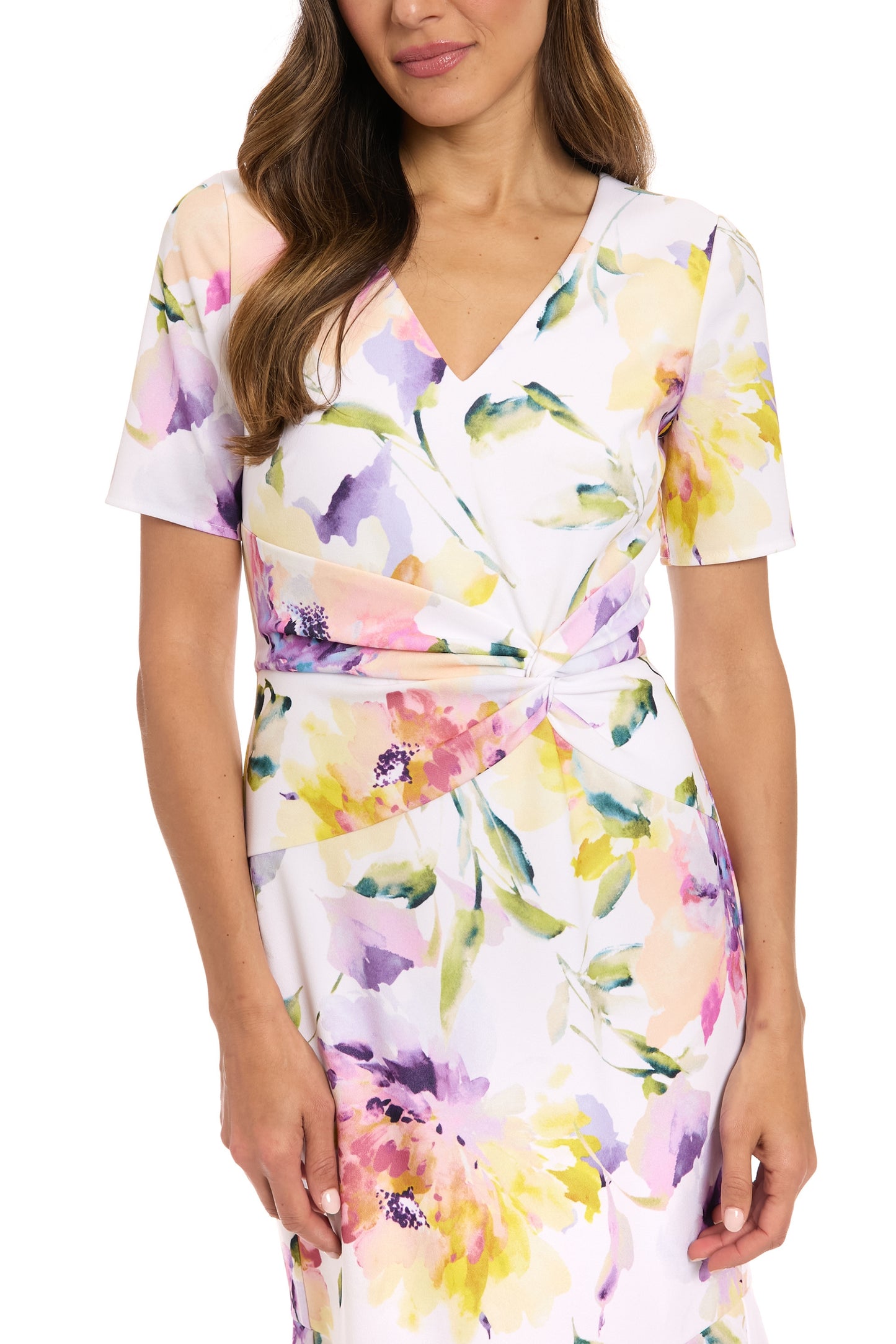 London Times Floral Twist V-Neckline Short Sleeves Back Zipper Midi Dress